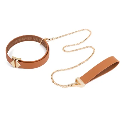 Нашийник з повідцем LOCKINK Tied Collar with Leash Set, коричневий, ланцюг зі шкіряною петлею та карабіном