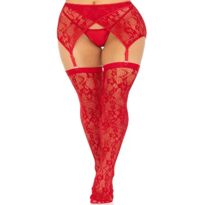 Комплект Leg Avenue Lace thigh highs & garterbelt, One Size, червоний, панчохи та пояс з пажами