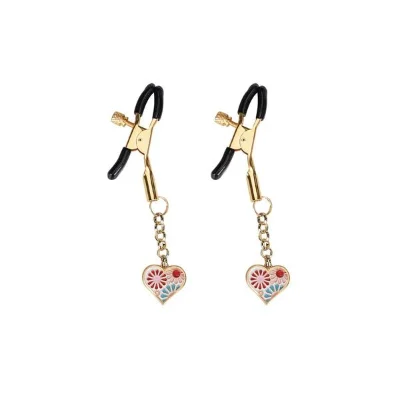Затискачі для сосків з підвіскою Liebe Seele Nipple Clamps Gold Heart-shaped Flowers on White