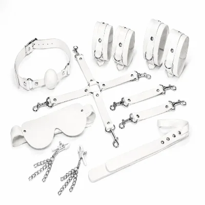 Набір Feral Feelings BDSM Kit 7 White, наручники, поножі, конектор, маска, падл, кляп, затискачі