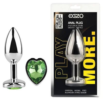 Анальная пробка EGZO Silver Heart Plug MSH-09S с зеленым кристаллом, нержавеющая сталь, размер S