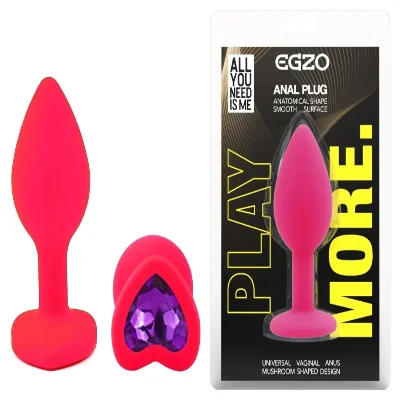 Анальная пробка EGZO Silicone Heart Plug S, розовая, с фиолетовым кристаллом