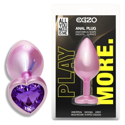 Анальная пробка EGZO Pink Perl Heart Plug S с фиолетовым кристаллом, розовая