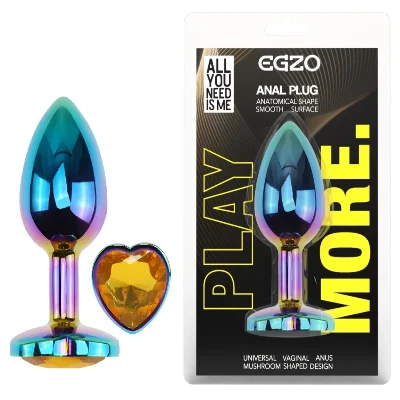 Анальная пробка EGZO Multicolor Heart Plug Yellow S с кристаллом, радужная металлическая
