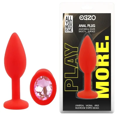 Анальная пробка EGZO Silicone Round Plug S с бирюзовым кристаллом, красная