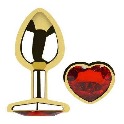 Анальная пробка EGZO Gold Heart Plug M с красным кристаллом, металл, 82 мм