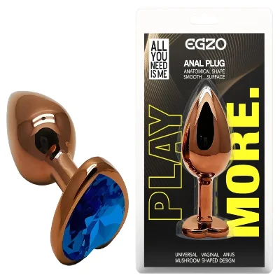 Анальная пробка EGZO Dark Gold Heart Plug S с синим кристаллом, металлическая