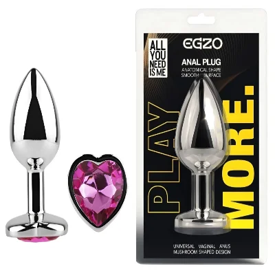 Анальная пробка EGZO Silver Heart Plug Rose с кристаллом, серебристая, размер S
