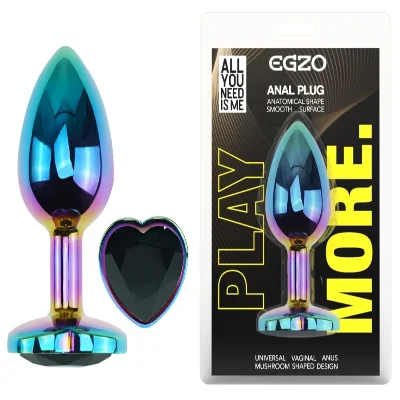 Анальная пробка EGZO Multicolor Heart Plug Black M, металлическая с крупным кристаллом