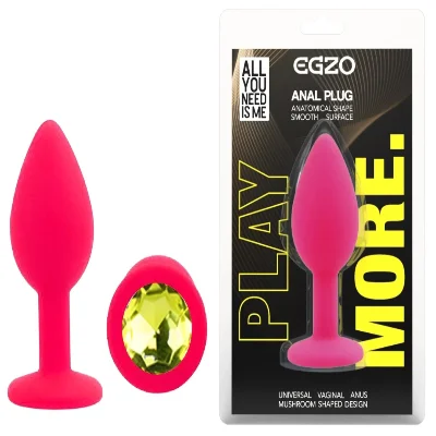 Анальный плаг EGZO Red Heart Plug S, красный силикон, жёлтый кристалл сердца