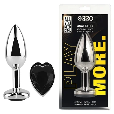 Анальная пробка EGZO Silver Heart Plug Black M, металлическая анатомическая с кристаллом
