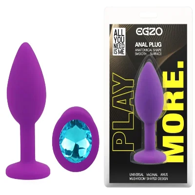 Анальная пробка EGZO Silicone Purple Aqua SFR-13S с голубым кристаллом, фиолетовая