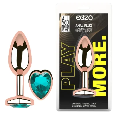 Анальная пробка EGZO Rose Gold Heart Plug S с бирюзовым кристаллом, металлическая