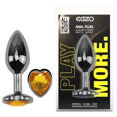 Анальная пробка EGZO Dark Silver Heart Plug S с жёлтым кристаллом, нержавеющая сталь, 70 мм