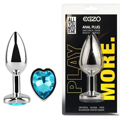 Анальный плаг EGZO Silver Heart Plug S из нержавеющей стали с крупным голубым кристаллом