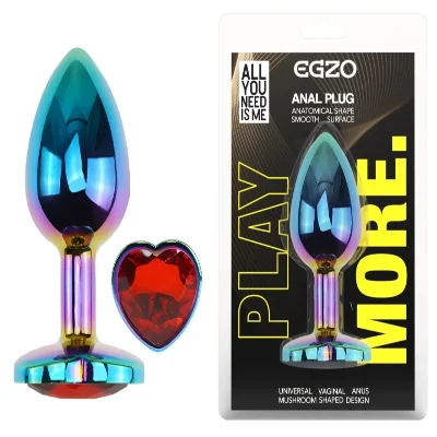 Анальная пробка EGZO Multicolor Heart Plug M с красным кристаллом, стальная, радужная