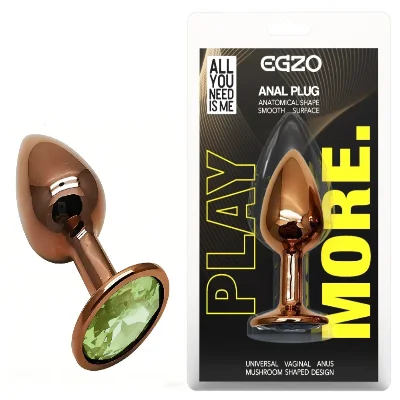 Анальный плаг EGZO Dark Gold Green S с зеленым кристаллом, металлический, анатомический