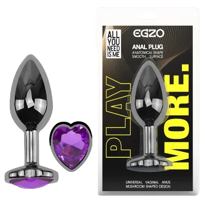 Анальная пробка EGZO Dark Silver Heart Plug S с фиолетовым кристаллом, металлическая