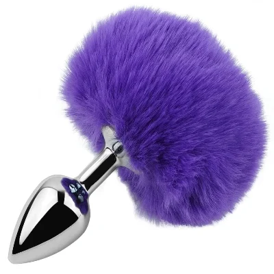 Анальная пробка EGZO Bunny Tail Plug S из медицинской нержавеющей стали с фиолетовым хвостиком