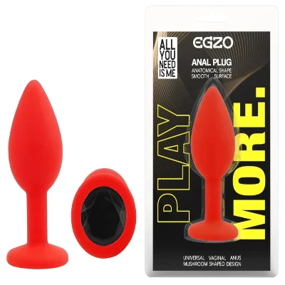 Анальная пробка EGZO Red Round Plug S с кристаллом, красная из гладкого силикона