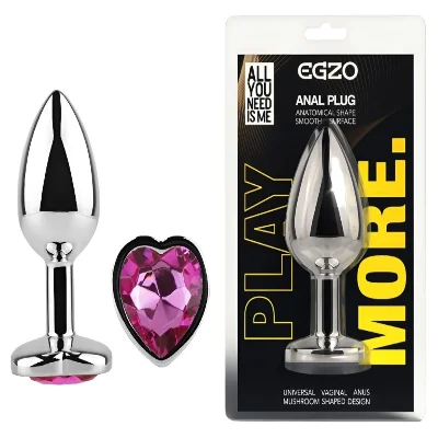 Анальная пробка EGZO Silver Heart Plug Rose M, металлическая с розовым кристаллом