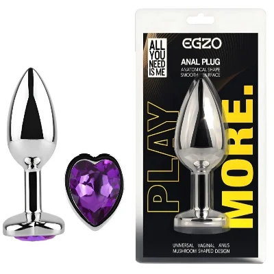Анальная пробка EGZO Silver Heart Plug серебристая с фиолетовым кристаллом в форме сердца, размер S