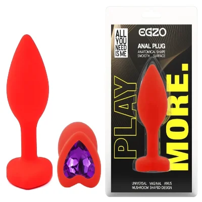 Анальная пробка EGZO Red Heart Plug из силикона с кристаллом-сердцем, красная, 7,1 см