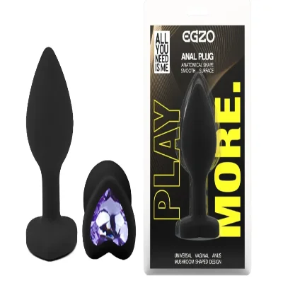 Силиконовая анальная пробка EGZO - Silicone Black Heart Plug Amethyst, size S