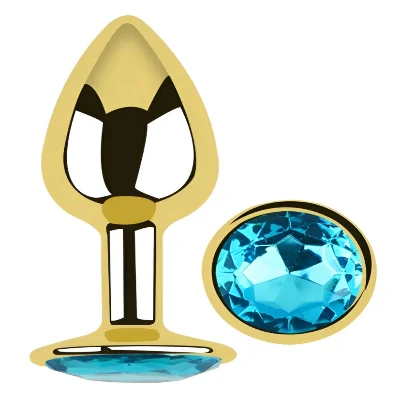 Анальная пробка EGZO Gold Round Plug Aqua S с голубым кристаллом, золотистая