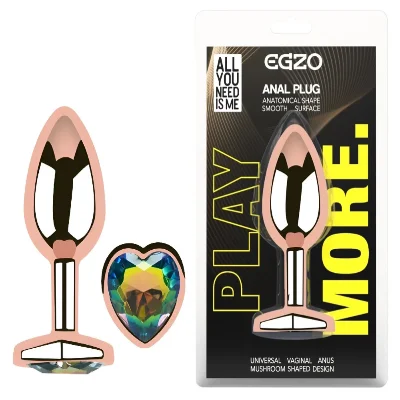 Анальная пробка EGZO Rose Gold Heart Plug S с радужным кристаллом, металлическая