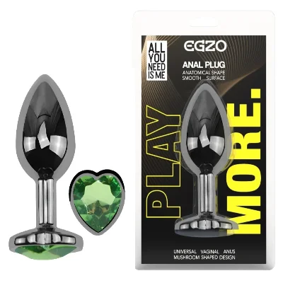 Анальная пробка EGZO Dark Silver Heart Plug Green S из стали с кристаллом