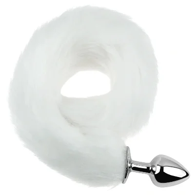 Анальная пробка EGZO Fox Tail Silver Plug White, размер S, с белым меховым хвостом