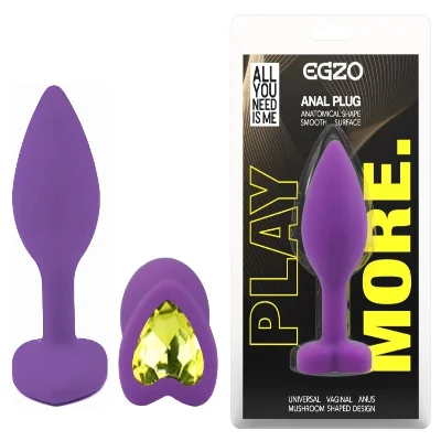 Анальный плаг EGZO Silicone Violet Heart Plug S, фиолетовый, с кристаллом