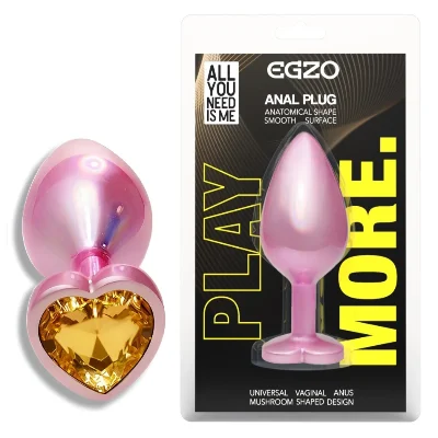 Анальная пробка EGZO Pink Perl Heart Plug S, розовая металлическая с желтым кристаллом