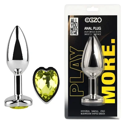 Анальная пробка EGZO Silver Heart Plug M с лаймовым кристаллом, медицинская сталь