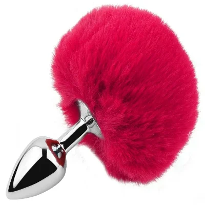 Анальная пробка EGZO Bunny Tail Silver Plug S с пушистым хвостиком, малиновая