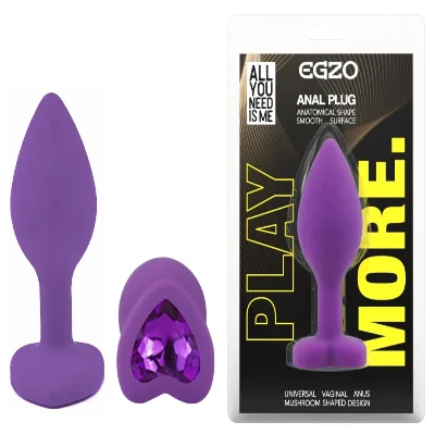 Анальная пробка EGZO Violet Heart Plug S с кристаллом, фиолетовая, силиконовая