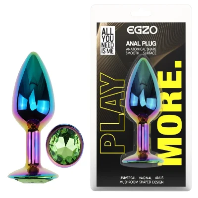 Анальная пробка EGZO Multicolor S с зеленым кристаллом, из нержавеющей стали, круглая основа