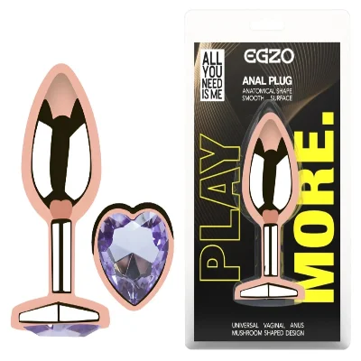 Анальная пробка EGZO Rose Gold Heart Plug M с аметистом, анатомическая, розовое золото