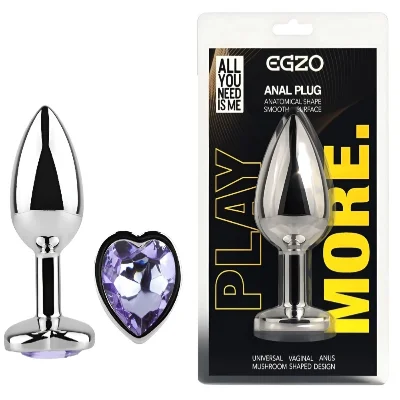 Анальная пробка EGZO Silver Heart Plug с аметистом, металлическая, размер S