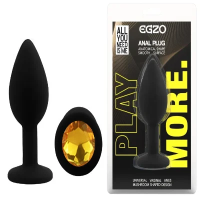 Анальная пробка силиконовая EGZO Silicone Round Plug S черная с золотым кристаллом