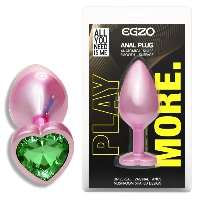 Анальная пробка EGZO Pink Perl Heart Plug Green, зеленый кристалл, сталь, размер S