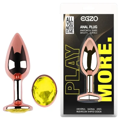 Анальная пробка EGZO Rose Gold Round Plug S с лаймовым кристаллом, металлическая