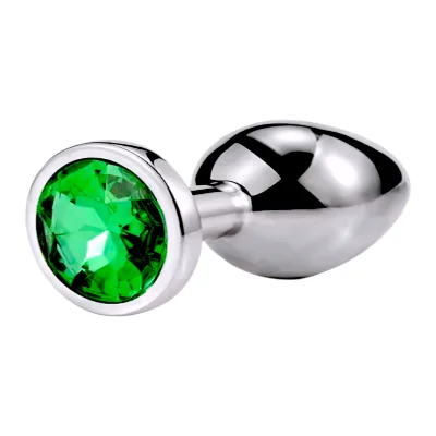 Металлическая анальная пробка Silver, green crystal, размер М