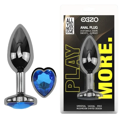 Анальная пробка EGZO Dark Silver Heart Plug M из стали с синим кристаллом