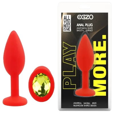 Анальная пробка EGZO Silicone Red Round Plug S с кристаллом, красная, силиконовая
