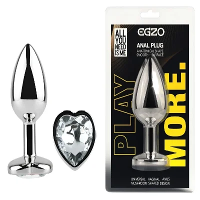 Анальная пробка EGZO Silver Heart Plug Clear M из серебристого металла, анатомическая