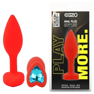 Анальная пробка EGZO Red Heart Plug S с кристаллом, анатомическая, красная силиконовая