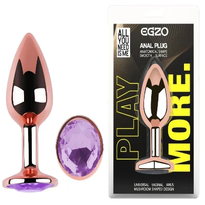 Анальная пробка EGZO Rose Gold с аметистом, анатомическая форма, нержавеющая сталь, размер M