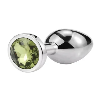Металлическая анальная пробка Silver, light green crystal размер М